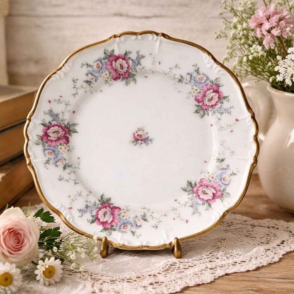 Edelstein Bavaria Maria Theresia Floral Porcelain Plate Gold Gilt 8 Inch Germany
